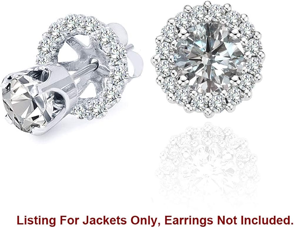 14K White Gold Halo Stud Solitaire 0.50 Carat Total Weight 0.54 Carat White Diamond Earrings Jackets For 4 MM