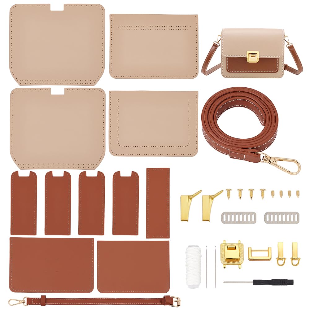 WADORN DIY Crossbody Bag Making Kit, PU Leather Shoulder Bag Making Materials Set DIY Purse Making Sewing Complete Kit Handmade Bag Making All Accessories for Beginner, 19x7x15cm, Khaki
