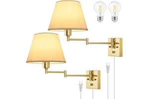 TRLIFE Wall Sconce Plug in, Brushed Brass Dimmable Wall Sconces Set of 2 Swing Arm Wall Lights with Plug in Cord and Dimmer On/Off Knob Switch, 9.4" Medium White Fabric Shade(2 LED Bulbs Included)