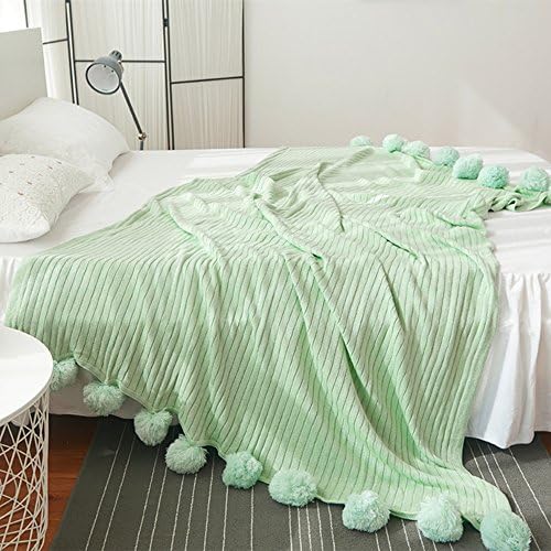 DOUH Knit Throw Decorative Blanket with Pom Pom 100% Cotton Solid Hypoallergenic Knitted Blanket for Sofa/Living Room/Bedding/Couch Cover/Kids and Adults/59" x 79"/Mint