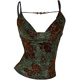 Milumia Women's Vintage Beaded Floral Cami Tops Drape Neck Spaghetti Strap Tank Top