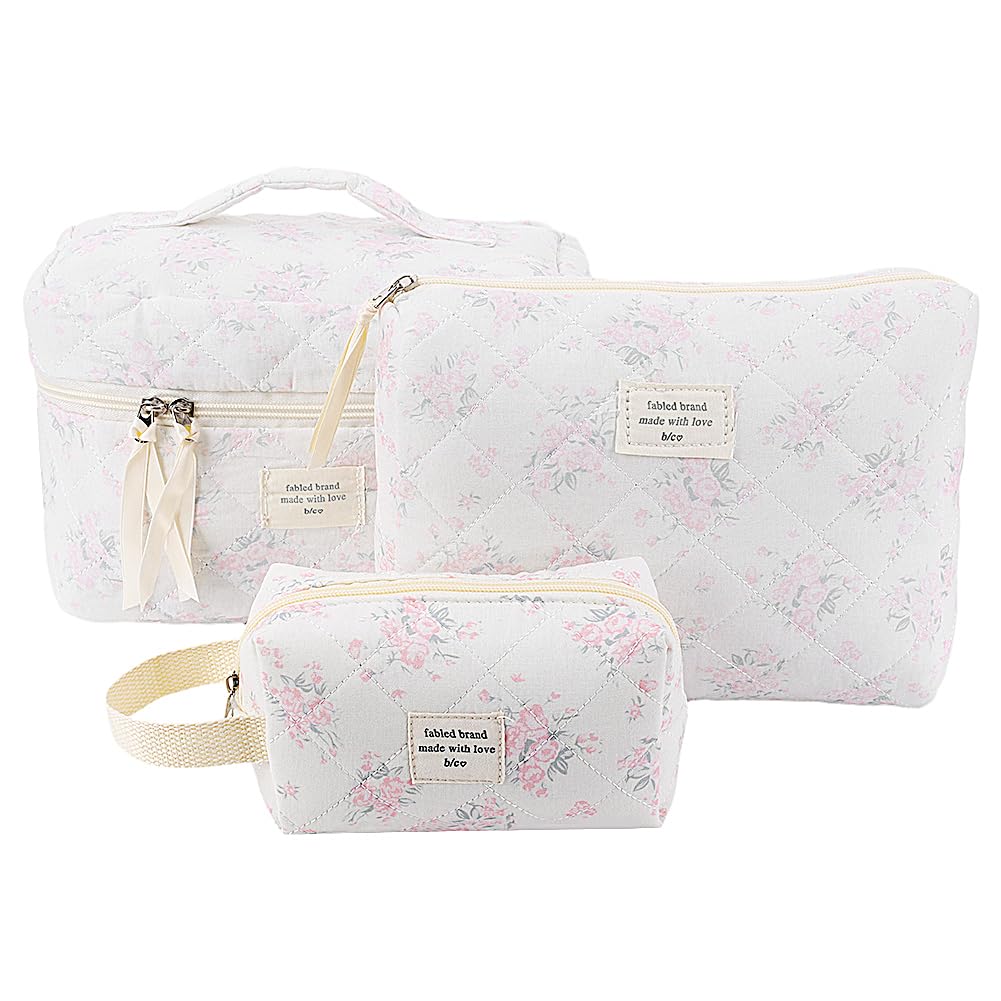CHAMAIR 3Pcs Coquette Makeup Bag - Quilted Cosmetic Bag Large Make Up Bag Set Aesthetic Floral Toiletry Bag Cotton Travel Skincare Bag for Women Ladies Girls (Style B9) — image 1