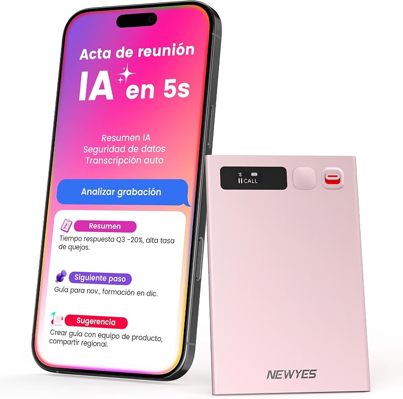 Grabadora de Voz NEWYES IA con aplicación dedicada,transcripción y Resumen,Duración de la batería de 35 Horas, 64 GB de Memoria para reuniones,conferencias, Llamadas,Negocios y Clases(Rosa)