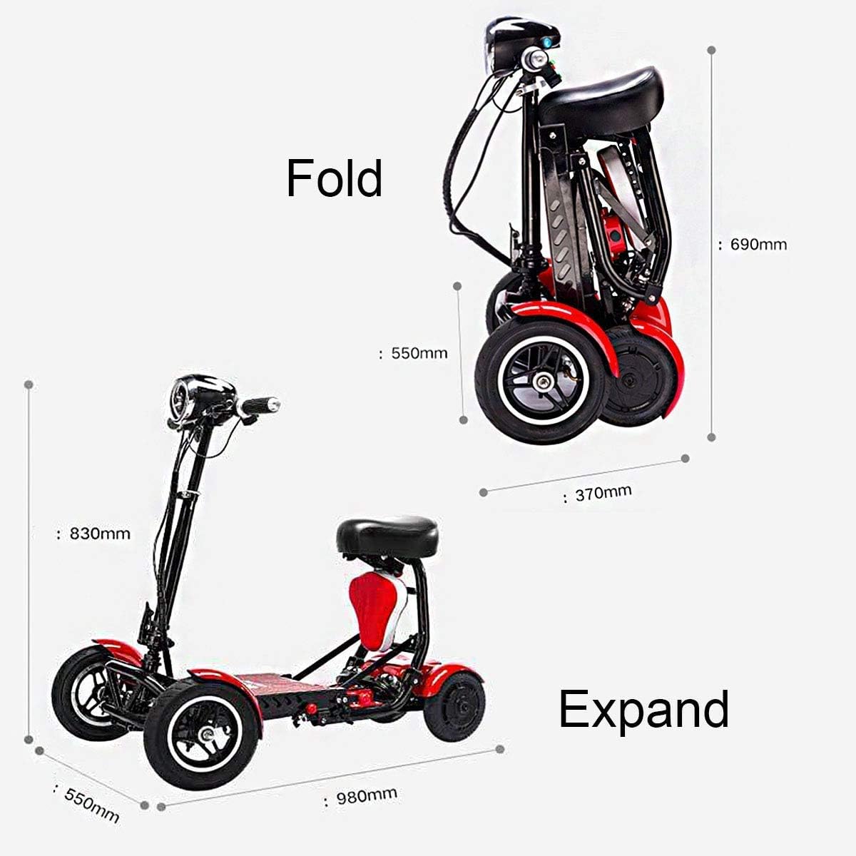 Foldable Lightweight Power Mobility Scooter Wheelchair Multi Terrain Easy Travel Electric Mobility Scooter for Adults with Child Seat (Red): Health & Personal Care