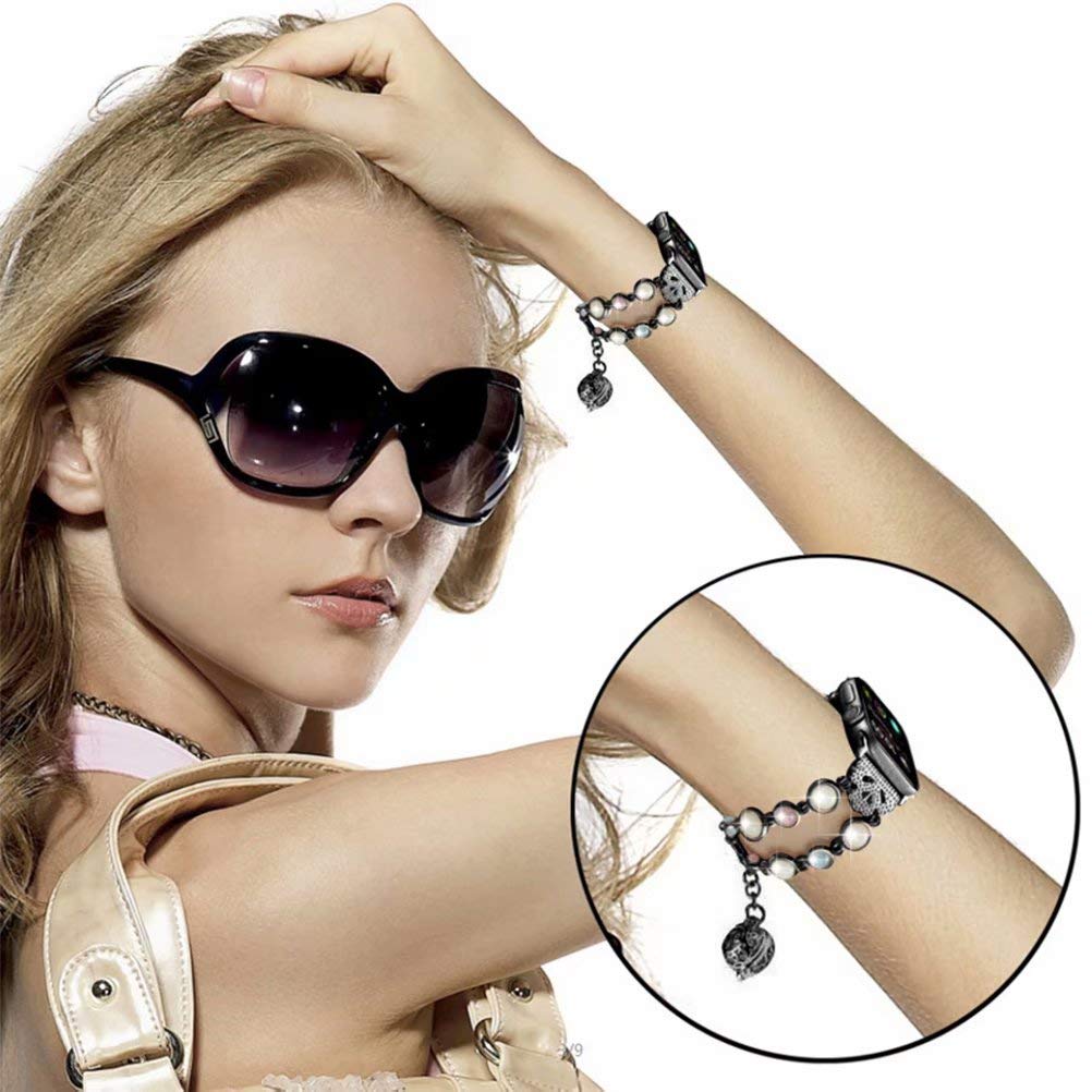 Jewelry Bracelet Compatible with Apple Watch Band Strap Wristband Handmade 42mm/44mm Iwatch Series 5/4/3/2/1, with Night Luminous watchband, Perfume/Oil Storage for Women & Girls 6.3-7.9 inch (Black)