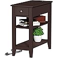 ChooChoo Narrow End Table with Charging Station, Side Table Living Room with USB Ports & Power Outlets and Hidden Drawer, 3-Tier Skinny Nightstand with 2 Open Storage Shelves For Small Place(Espresso)