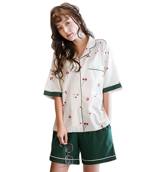 Amazon パジャマ レディース 夏 チェリー柄 前開き 半袖半ズボン