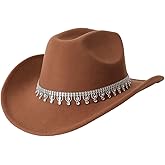 BEAUDRM Women's Rhinestone Sequin Fedora Cowboy Hat Boho Western Wide Brim Cowgirl Hats
