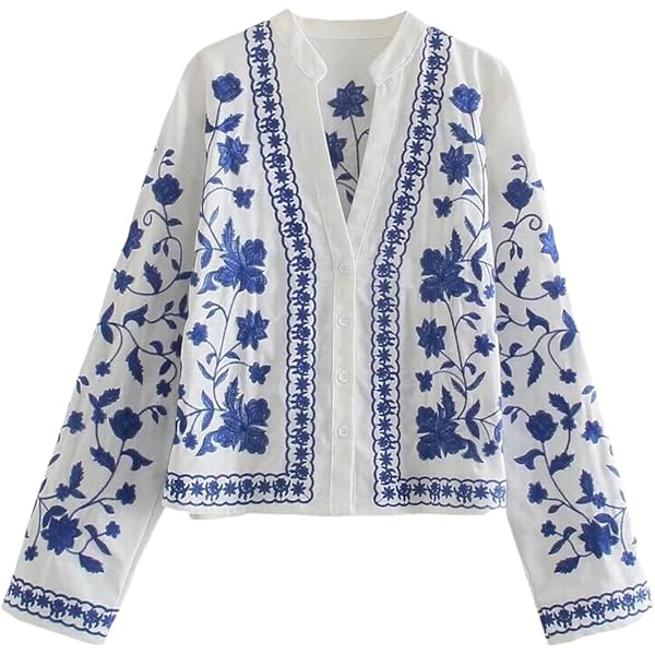 Women Embroidery Cotton Shirt Long Sleeve Solid Porcelain Floral