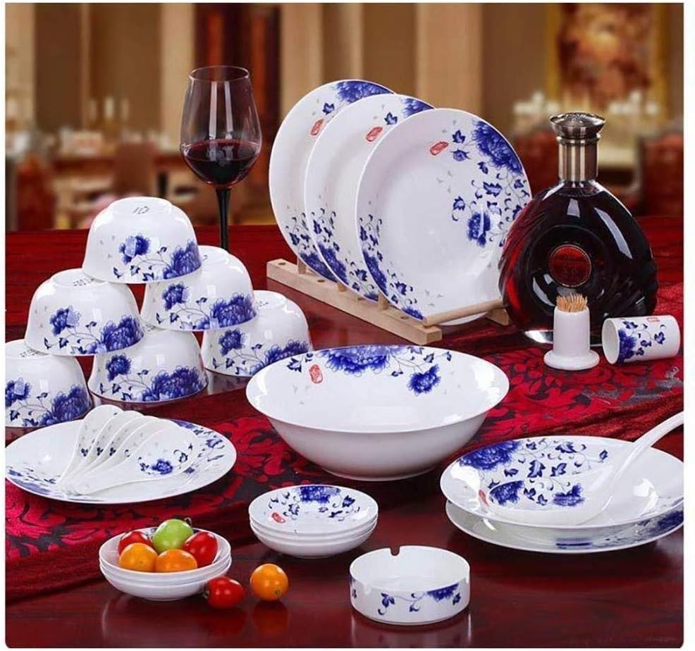 58-Piece of Kitchen Bone China Dinnerware Set from Ivory White Porcelain Dinnerware Set with Ceramic Bowls, Dessert Plates, Soup Bowls and Plates,56 (Color : 28)