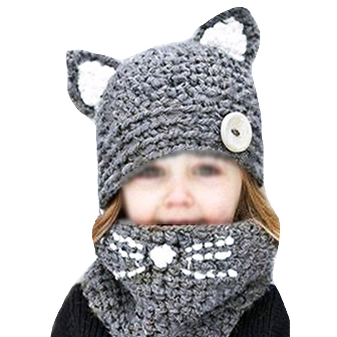 Millya Kids 2 in 1 Winter Cute Cat Knitted Hat and Circle Scarf Set Warm Beanie Hat Thermal Neckercheif,2-8 Years Old