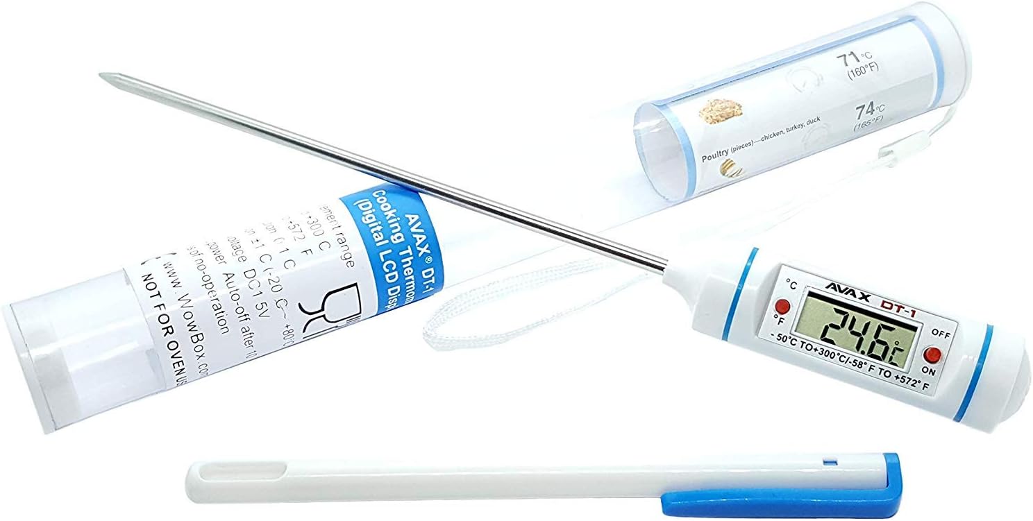 AVAX DT-1 Digital LCD Cooking Thermometer Probe Thermometer Kitchen Thermometer (Can be Used for Roasts, BBQ, Baking, Wine, Beer, Meat, Fish, Tea Water, Yerba Mate, etc.) // -50C to 300C / -58F to 572 // Battery Included (White)
