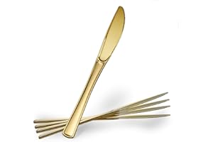 PLASTICPRO Disposable Heavy Duty Gold Plastic Knives, Fancy Plastic Silverware Looks Like Real Gold Cutlery - Utensils Great 
