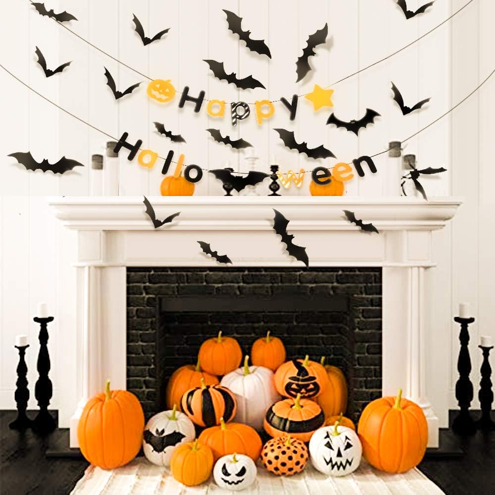 PTG Halloween Indoor Party Supplies,Happy Halloween Banner（1Pcs）& 3D Decoration Scary Bats Wall Decal Wall Sticker(60Pcs): Kitchen & Dining