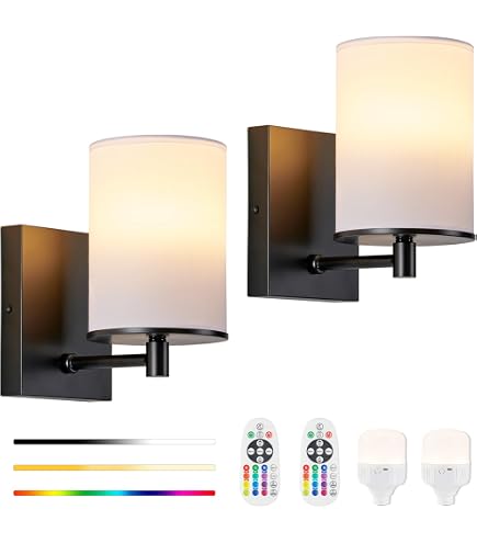 Battery Operated Wall Sconces Set Of 2 – Gold Cordless Lamps With 6000mAh Rechargeable Magnetic Bulbs, RGB + Dimmable Remote, Black Vintage Gooseneck