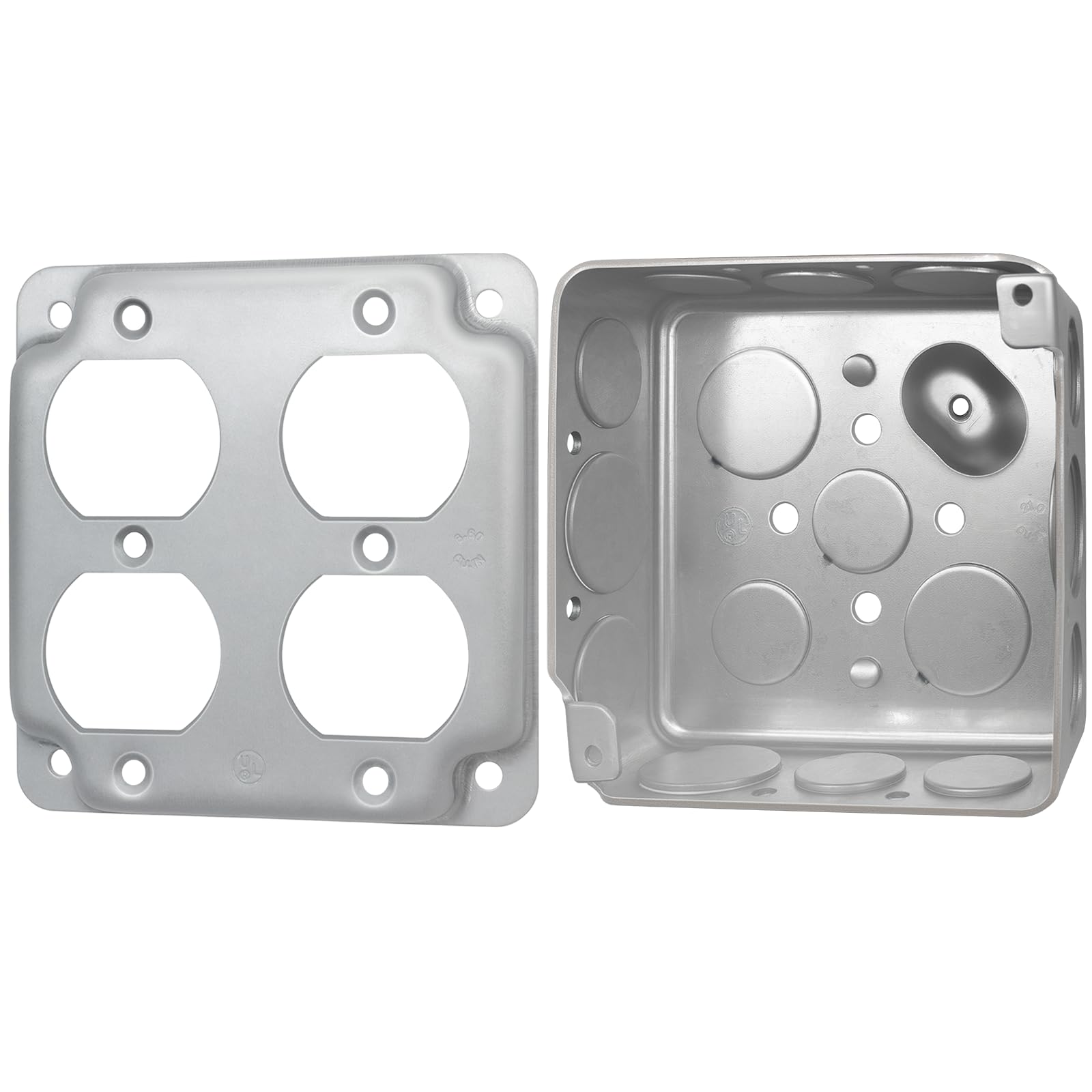 Photo 1 of 1-Set 4×4" Metal Electrical Outlet Box Set – Includes 1-Gang Exposed Work Cover, 21 cu. in. Capacity, 1-1/2" Deep, Galvanized Steel for Double Duplex Receptacle (1 Box + Cover)