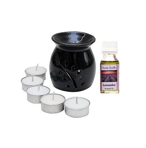 Maxime Candles Ceramic Lavender Scented Handcrafted Oil Burner Set (9 cm X 9 cm X 12 cm, Set of 7, Black)