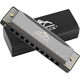 EastRock 10 Hole Blues Harmonica G Key Black with Case for Adults Beginner | Diatonic Mouth Organ Phosphor Bronze Reeds and Metal Cover Plate for Professional Students Adult Friends Gift