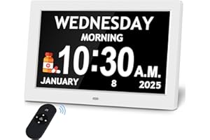 PASTIGIO 10.1'' Digital Clock, 1280*800p HD Extra Large Display, Dementia Clock For Seniors, 10 Reminders & 6 Alarms, Auto Dimming & DST, Remote Control, Digital Clock With Date, Time, Day Of Week, White