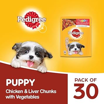Pedigree Puppy Wet Dog Food, Chicken And Liver Chunks Flavour in Gravy with Vegetables, 30 Pouches ( 30 X 70 g )