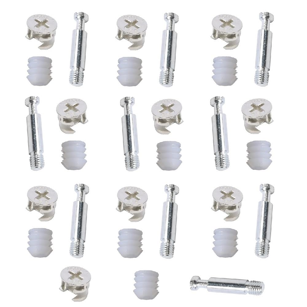 Merriway BH06262 (30-Piece) Flat Pack Furniture Cabinet Fixing Kit - Locking Cam Bolt Nuts BZP (15 mm x 12 mm), Dowels BZP (M6 x 45 mm), Nylon Threaded Cam Inserts - 10 of Each Piece