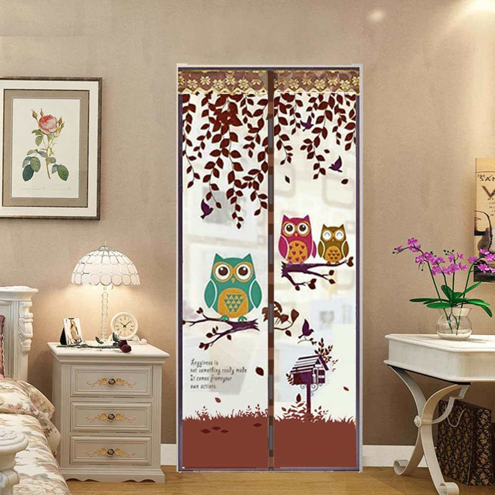 Magnetic Door Screen Fly Screen Door Bug Mesh Curtain High Density Automatically Mesh Door Nets 35" x 83" Easy Install (90 * 210cm, Owl-Coffee)