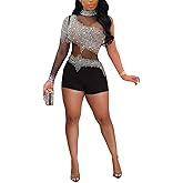 PORRCEY Women Sexy Elegant Rhinestone Mesh See Through Jumpsuits Bodycon Party Club Night Rompers