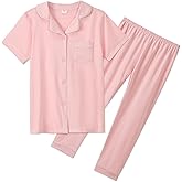 Aablexema Unisex Kids Pajamas Set Cotton Short Sleeve Sleepwear Button-Down and Pant Set for 5-13y
