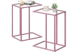 C Shaped End Table Set of 2, Small Side Couch Sofa Tables for Living Room,Glass Tv Tray Snack Dinner Table with Metal Frame, 