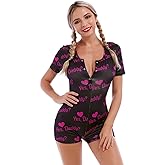 FYMNSI Women Short Sleeve Rompers Sexy One Piece Shorts Bodysuit Playsuit Printed Pajama Button Up Sleep Romper Pjs Lingerie