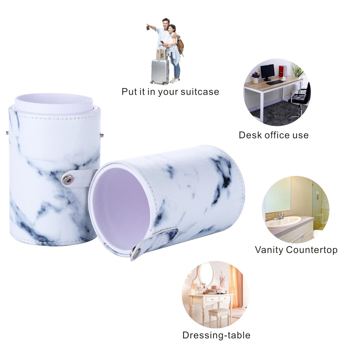 Makeup Brushes Holder Large Capacity Traveling Marble Make Up Brush Case Organizer Cosmetic Cup Cylinder Storage Box Bag Vegan Pu Leather Round(white) : Beauty