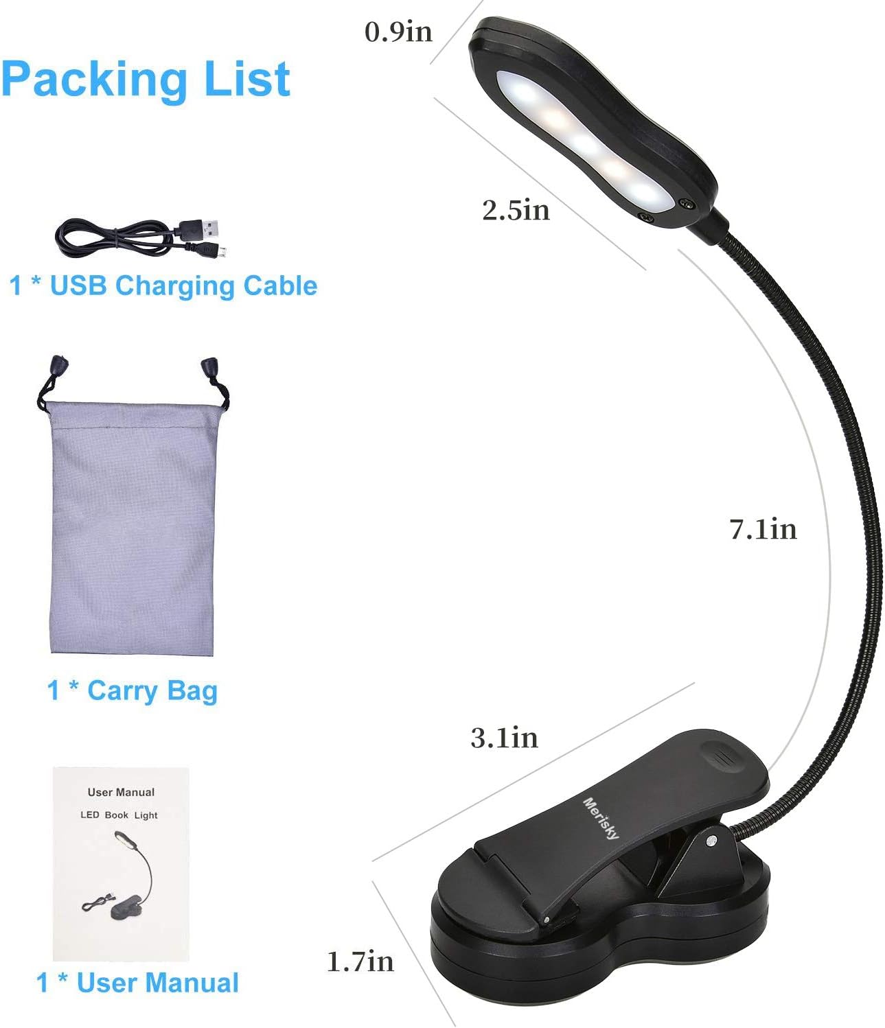 Rechargeable Book Light, Merisky LED Clip on Reading Light for Book in Bed, 3 Color × 3 Brightness, Up to 60 Hours Eye Care Reading, Warm & White, Perfect for Kids, Bed Headboard & Travel - - 
