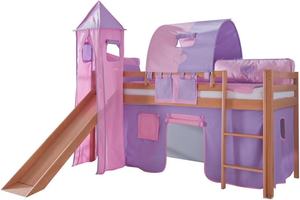 Relita Toby Cabin Bed Solid Beech with Slide, Tower, Purple / Pink Fabric