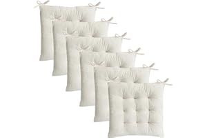 MISSSOUL 6 Pack Square Seat Cushion Chair Pads for Kitchen Dining Chairs, Soft Comfort Velvet Chair Mat Pillow Cushions with Ties for Office Desk Living Room Tatami 15.5", Ivory