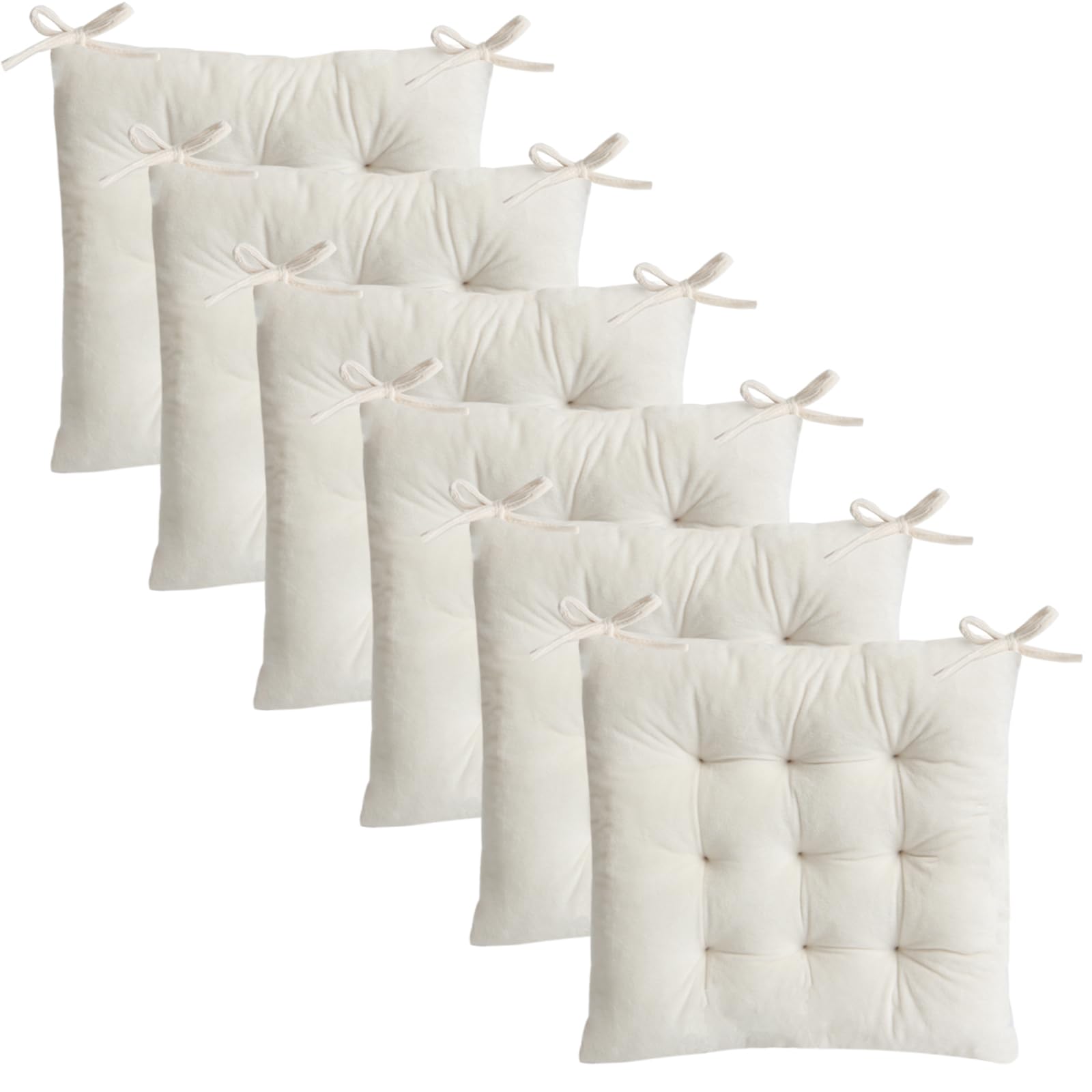 Photo 1 of 6 Pack Square Seat Cushion Chair Pads for Kitchen Dining Chairs, Soft Comfort Velvet Chair Mat Pillow Cushions with Ties for Office Desk Living Room Tatami 15.5", Ivory