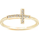 Savlano 18K Yellow Gold Plated Round Cut Cubic Zirconia Sideways Cross Rope Band Ring Women Religious Ring