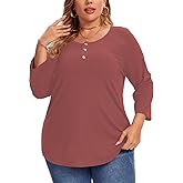 3/4 Sleeve Shirts for Women Plus Size Casual V Neck Blouses Color Block Henley Shirts