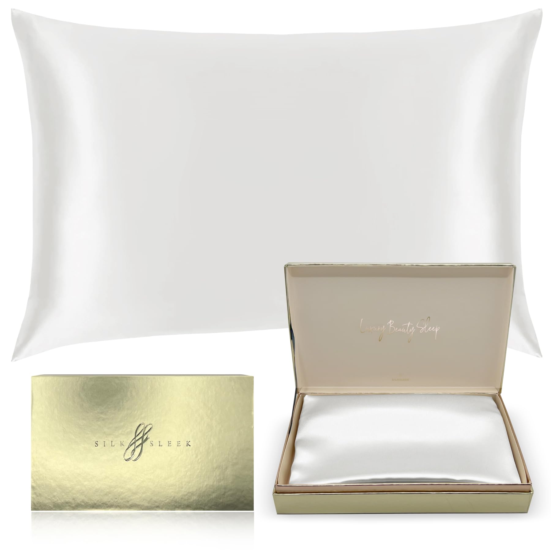 SILKSLEEK 100% Mulberry Silk Pillowcase for Hair and Skin, 22 Momme Silk Bedding, Hypoallergenic Natural Silk Pillowcase, Hidden Zipper Closure, 1 Pc Gift Box (White, 50x75cm)