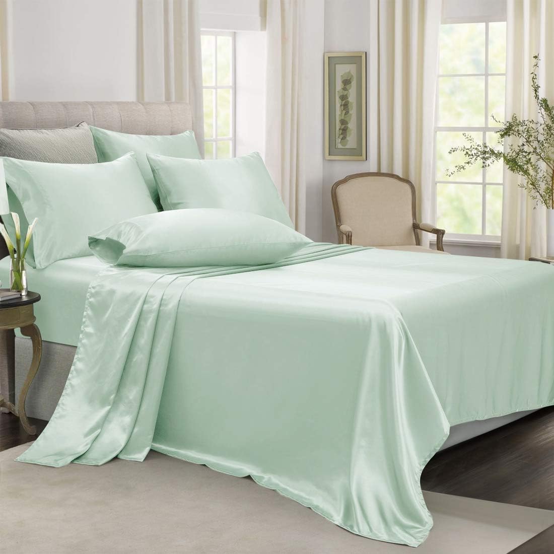 Homiest 6-Pieces Satin Sheets King Size Luxury Silky Satin Bedding Set with Deep Pocket 1 Fitted Sheet + 1 Flat Sheet + 4 Pillowcases, Mint Green: Home & Kitchen