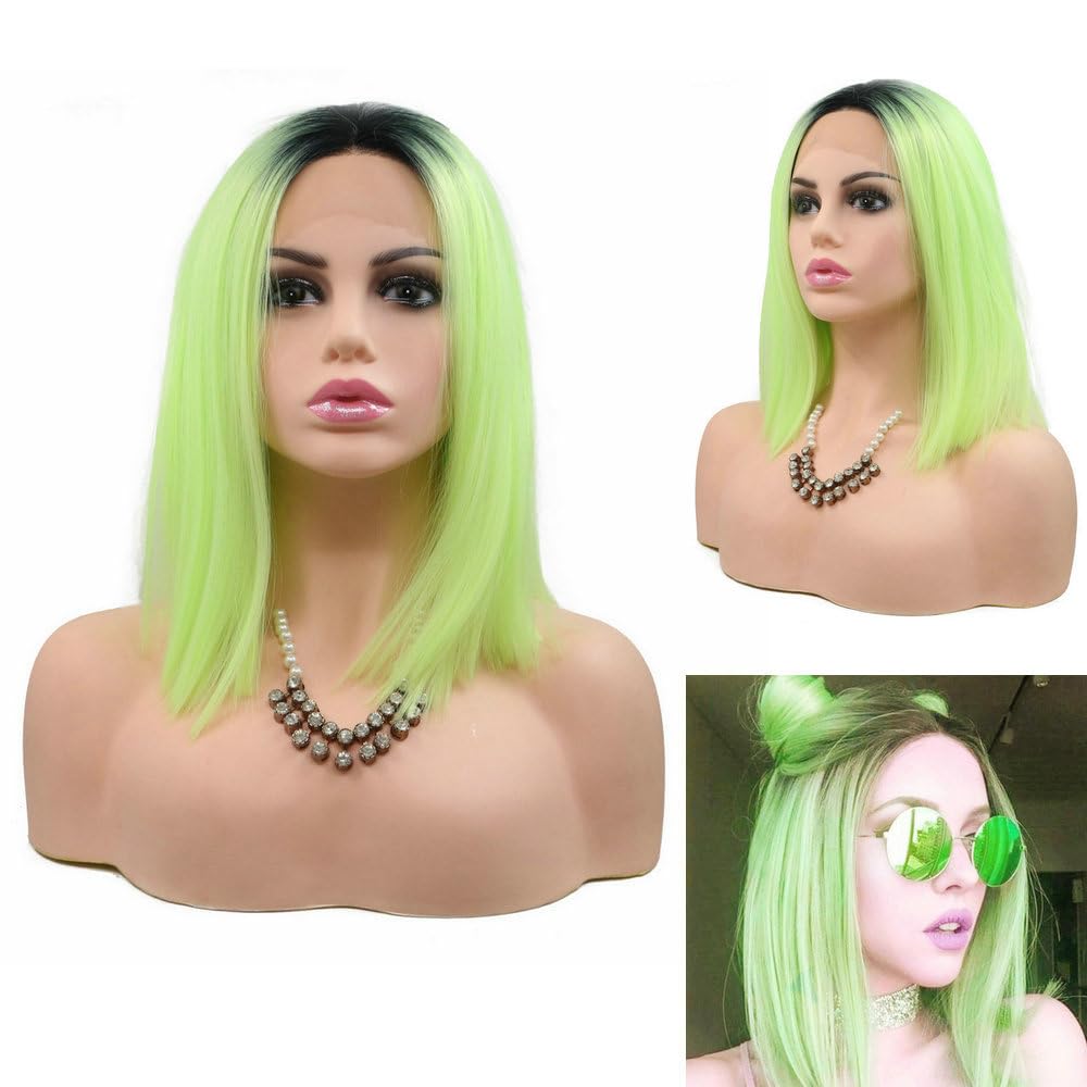 14" Neon Green Bob Wigs Heat Resistant Hair Black Ombre Fluorescent Green Synthetic Lace Front Wigs for Women Daily Use UV Color Cosplay Party Haircut Shoulder Length