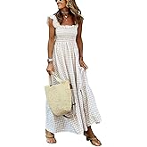 Leyoutx Women's Sleeveless Strap Retro Plaid A-Line Smocked Maxi Long Dress with Ruffled Hem