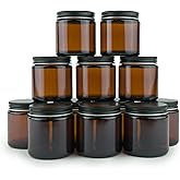 Nature Packaged Glass Amber 4oz Jar - 12 Packs, Empty Round Jars For Beauty Products, Lotion, and Powders - Black Lid - Small Candle Jars