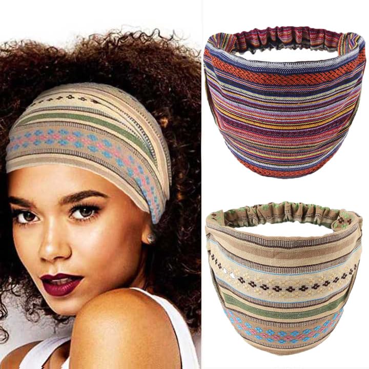 Fashband Boho Wide Headbands Vintage Stripe Headband Elastic Yoga Hair Accessories for Women and Girls(Pack of 2)
