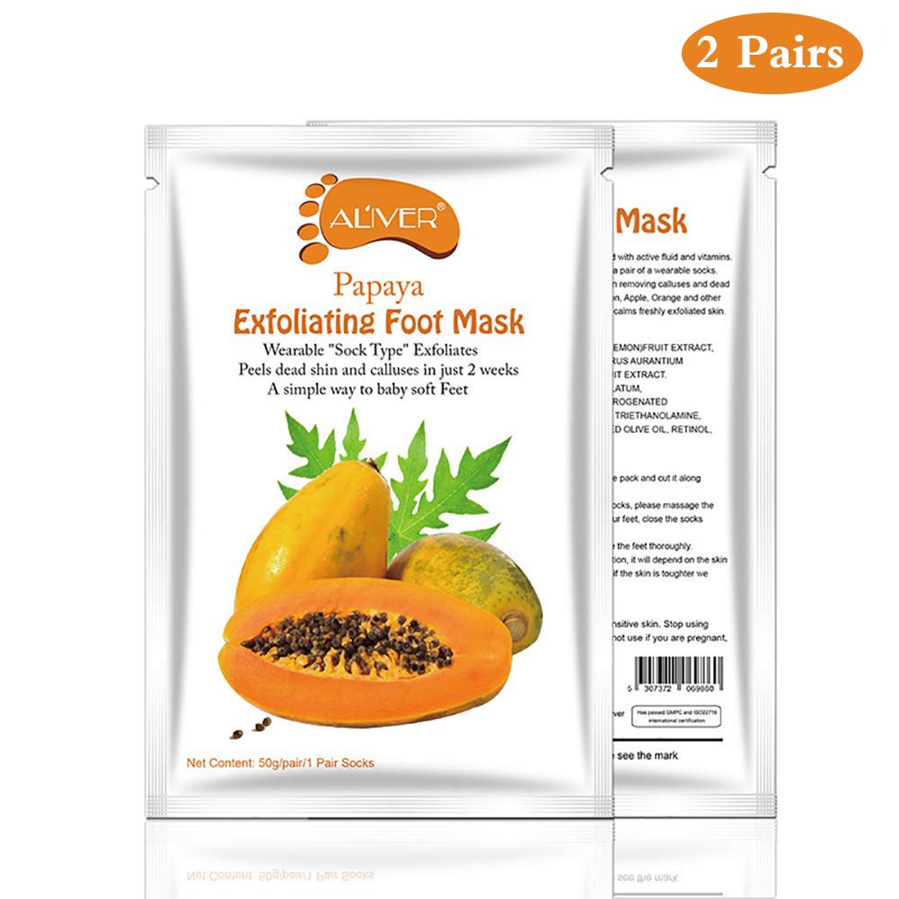 Papaya Foot Exfoliating Mask [2 Pairs], Feet Mask Socks Peel-Off Foot Mask Papaya Extract for Baby Soft Feet, Promotes Exfoliating & Removes Calluses & Dead Skin