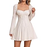 EYNMIN Long Sleeve Mini Dress Lace Sweetheart Neckline Flowy A Line 2025 Fall Short Going Out Dresses for Women