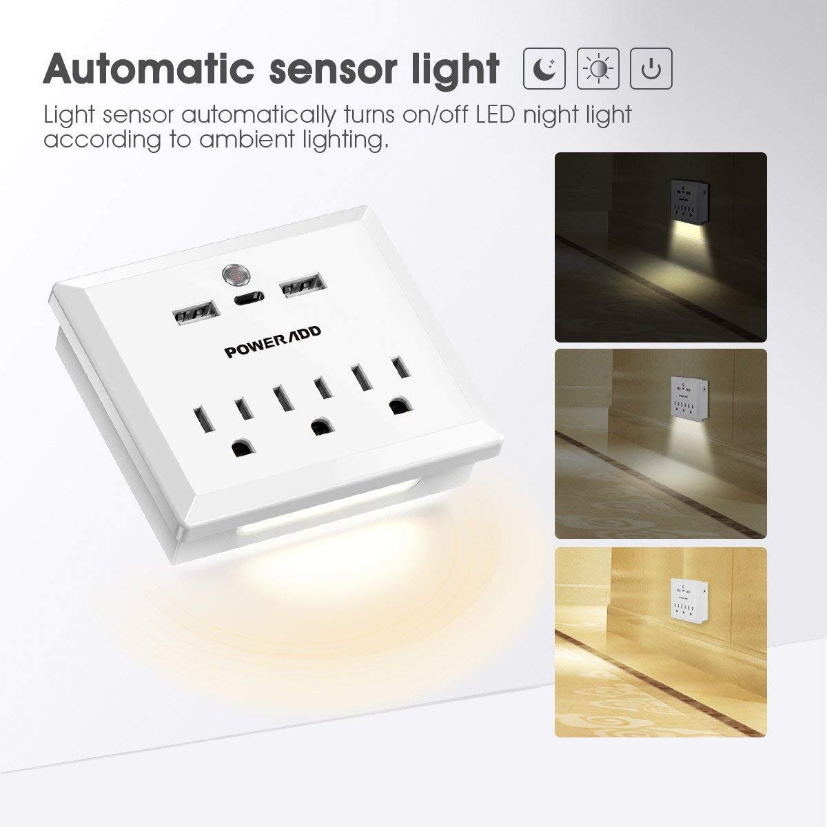 Poweradd Wall Adapter Surge Protector with 3 AC Outlet, 2 USB Charging Ports, a Type-C port, and a Warm White LED Dusk-To-Dawn Night light, White