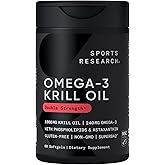 Sports Research® Omega-3 Krill Oil 1000mg - Pure Antarctic Superba Krill with Phospholipids, Choline & Astaxanthin - MSC Certified Sustainable · Non-GMO · Gluten Free - 60 Softgels