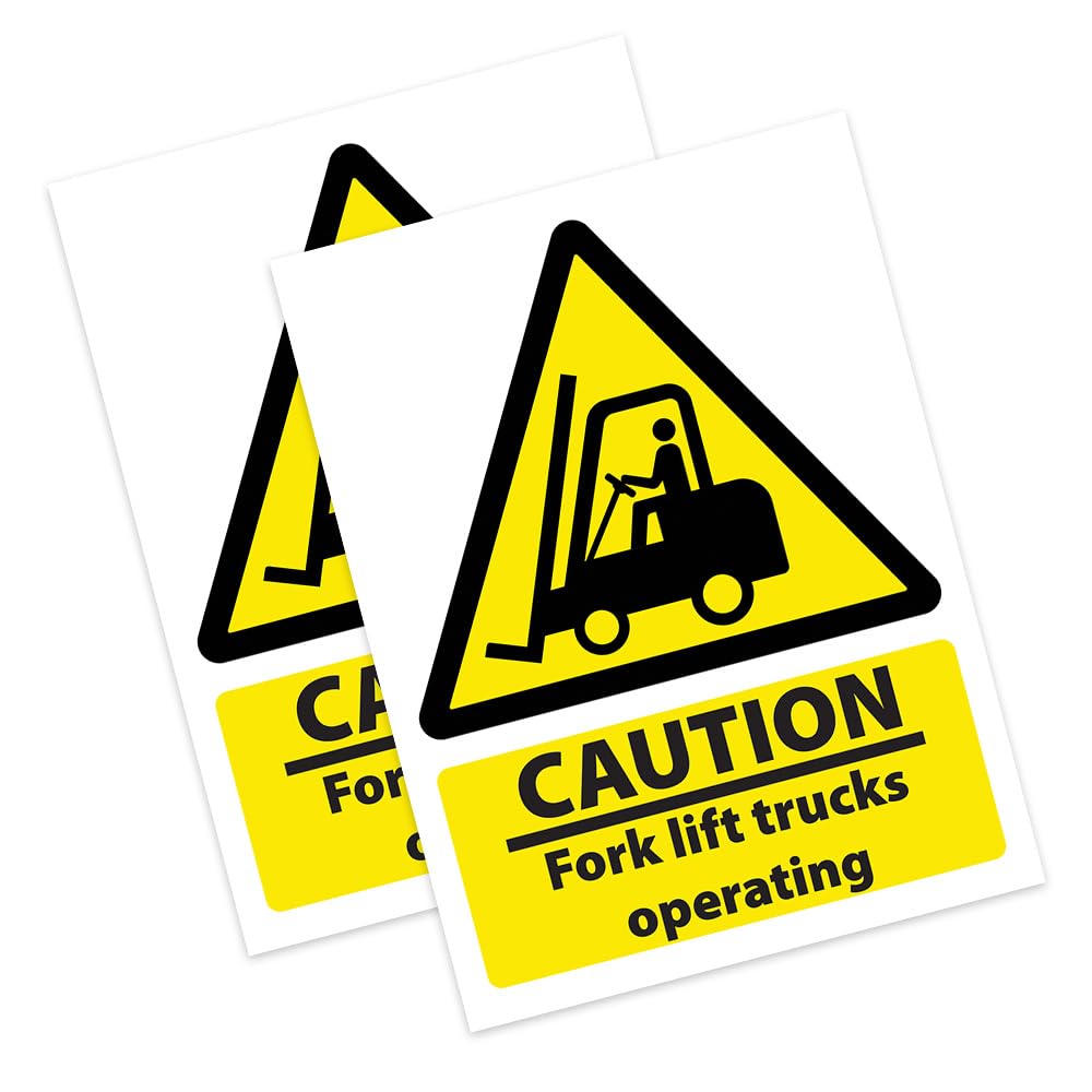 RDLCAR Safety Caution Fork Lift Trucks Operating Sign - High Visibility Warning Sign for Workplace Safety, Clear Caution Message, 300mm x 400mm Portrait - Heavy-Duty 1mm Rigid PVC, Pack 2