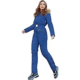 Yousify Womens Winter Ski Suit One Piece Hooded Fur Collar Ski Jumpsuit Snowsuit Outdoor Sports Coat