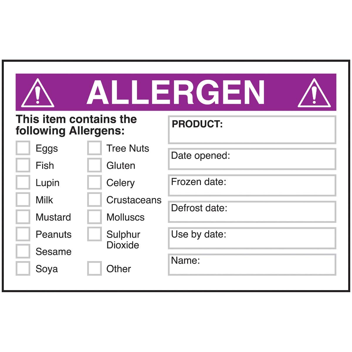 V Safety Allergen Product Date Name - Purple Sticker - 50x75mm (Roll of 250)